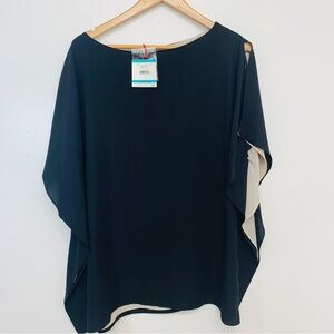 Anne Klein Blouse Woman 16  Black Split Sleeve Classic Long Line Business Casual